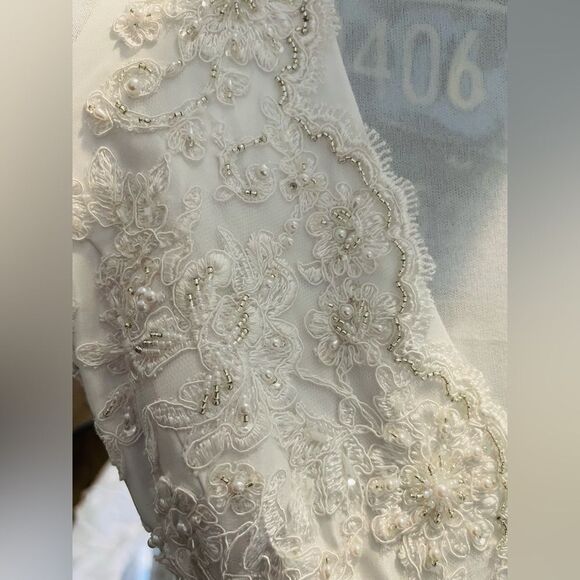 Candlelight White Satin Halter Poufy Ruched Wedding Gown with Train. - Picture 15 of 16